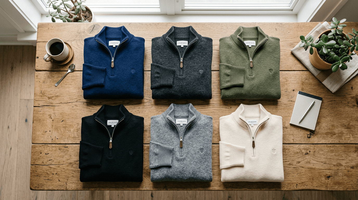 Six quarter-zip pullovers in different colors arranged in a flatlay