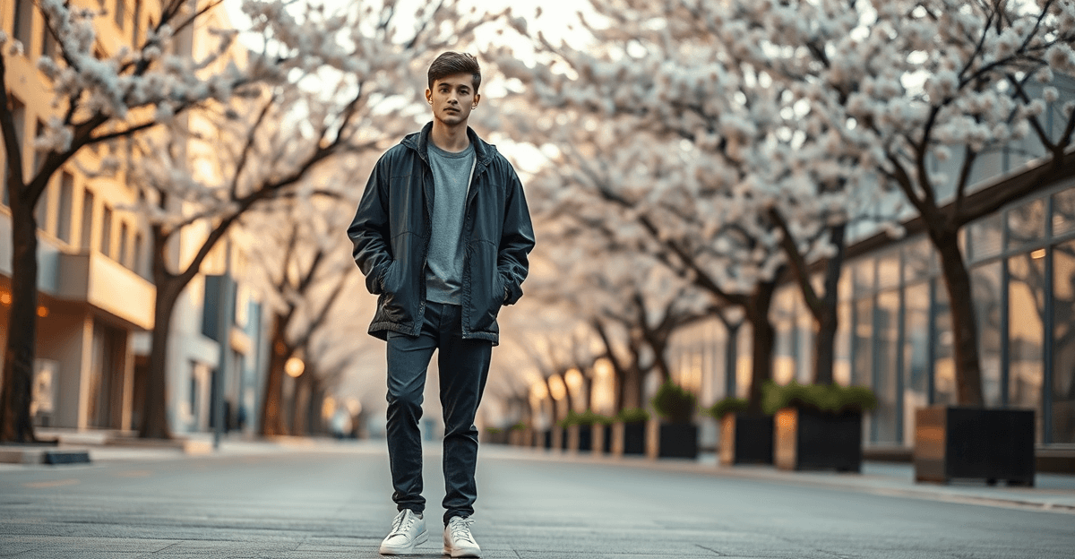 Person wearing a lightweight spring jacket outdoors
