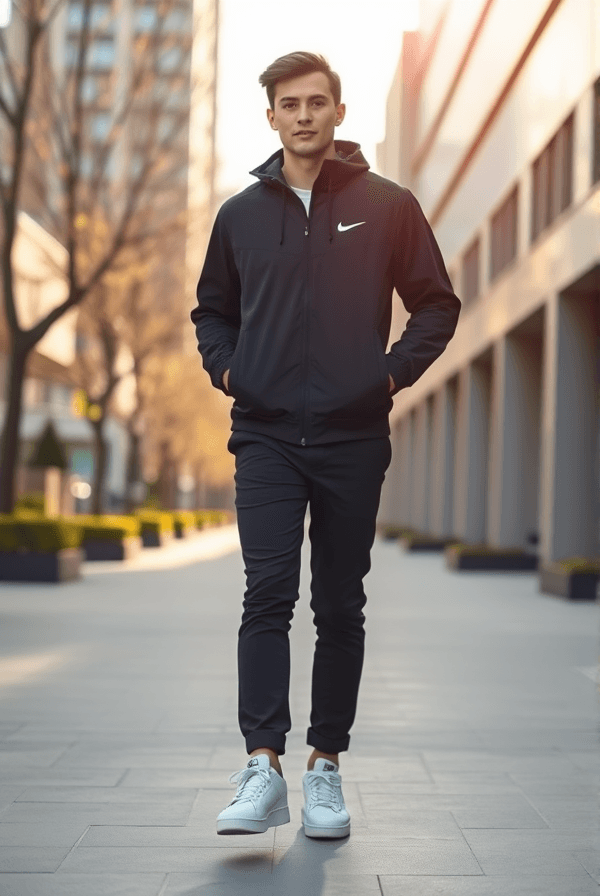 Complete spring outfit with jacket, pants, and sneakers