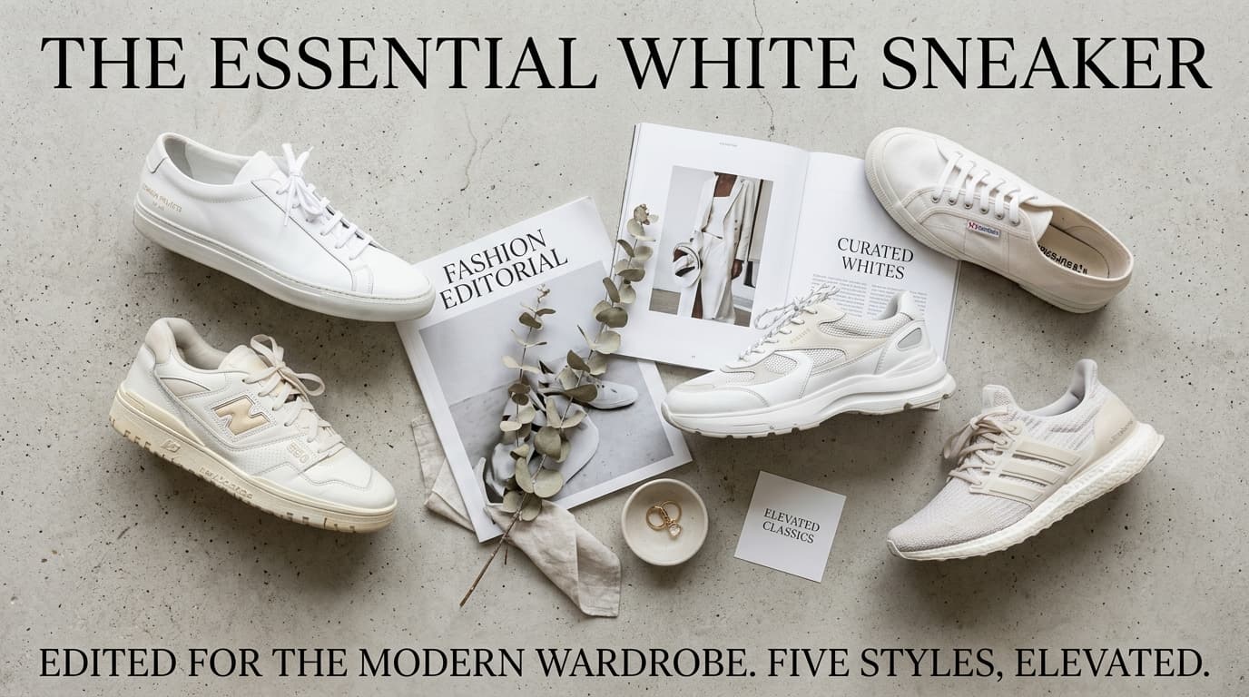 Five pairs of white sneakers arranged in a flatlay on concrete