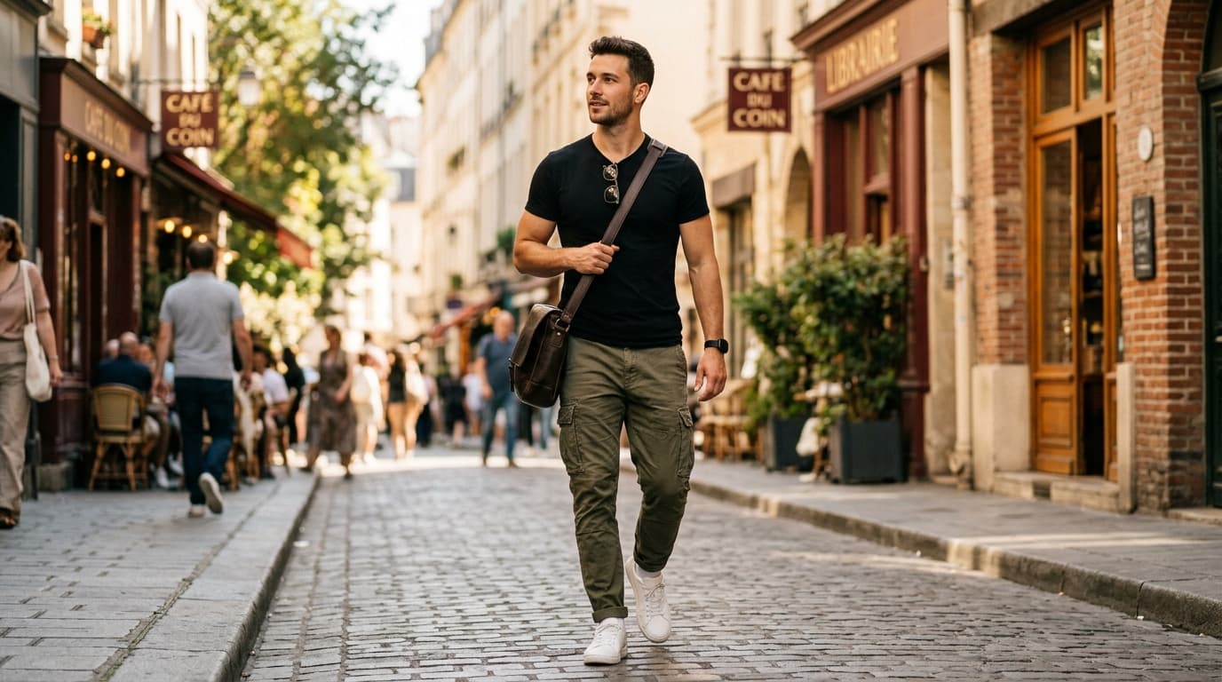 Man wearing olive cargo pants with a black t-shirt walking on an urban street