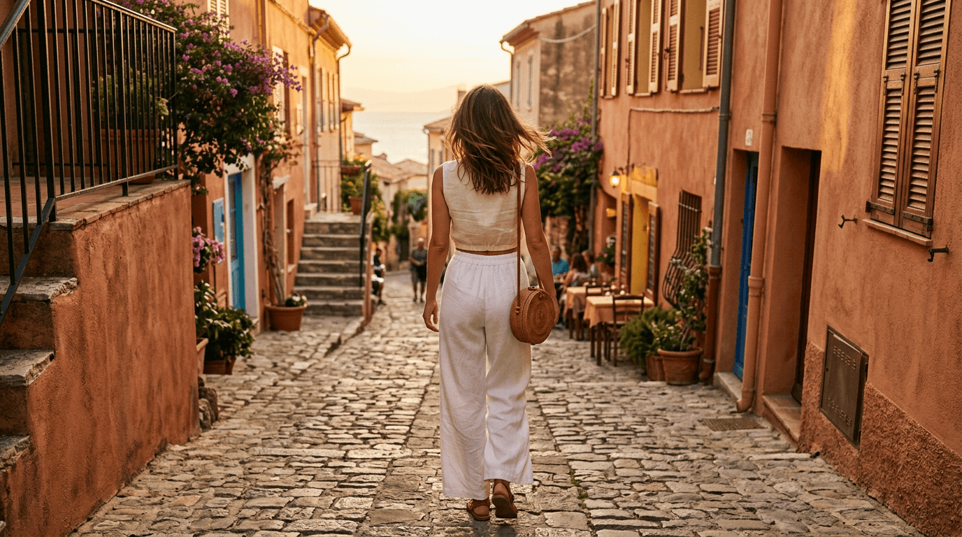 Woman in white wide leg linen pants walking on a sunlit Mediterranean street