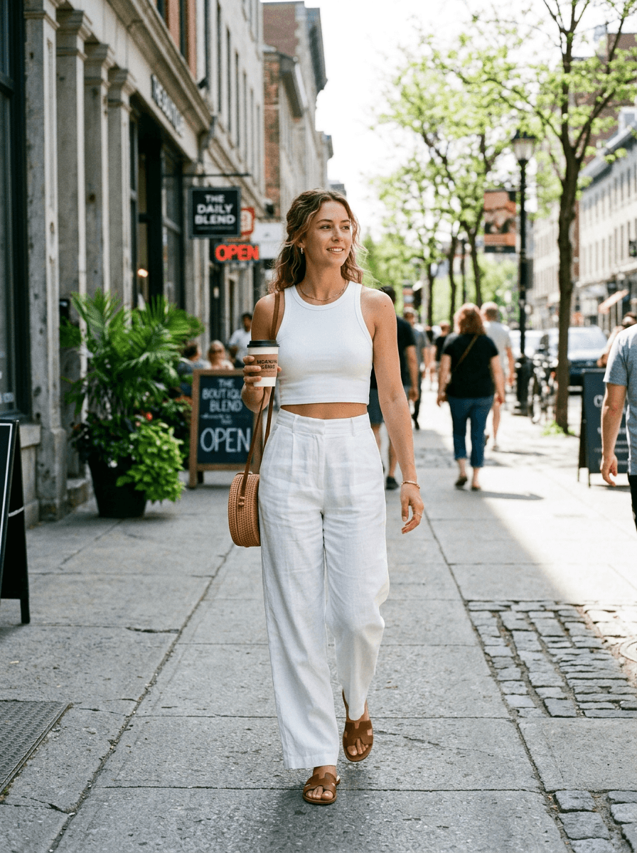 Woman in white linen pants with crop top walking with coffee