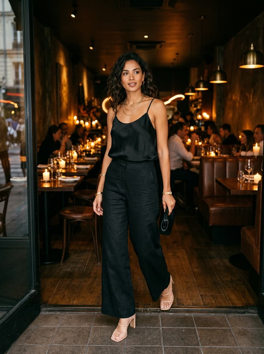 Woman in black palazzo pants and satin camisole entering a restaurant