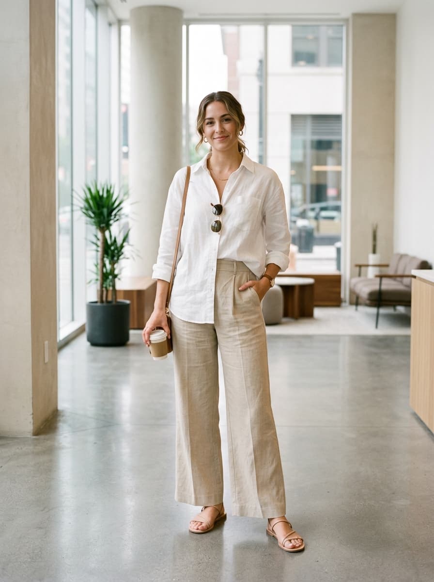 Woman in beige linen pants and white shirt in modern office